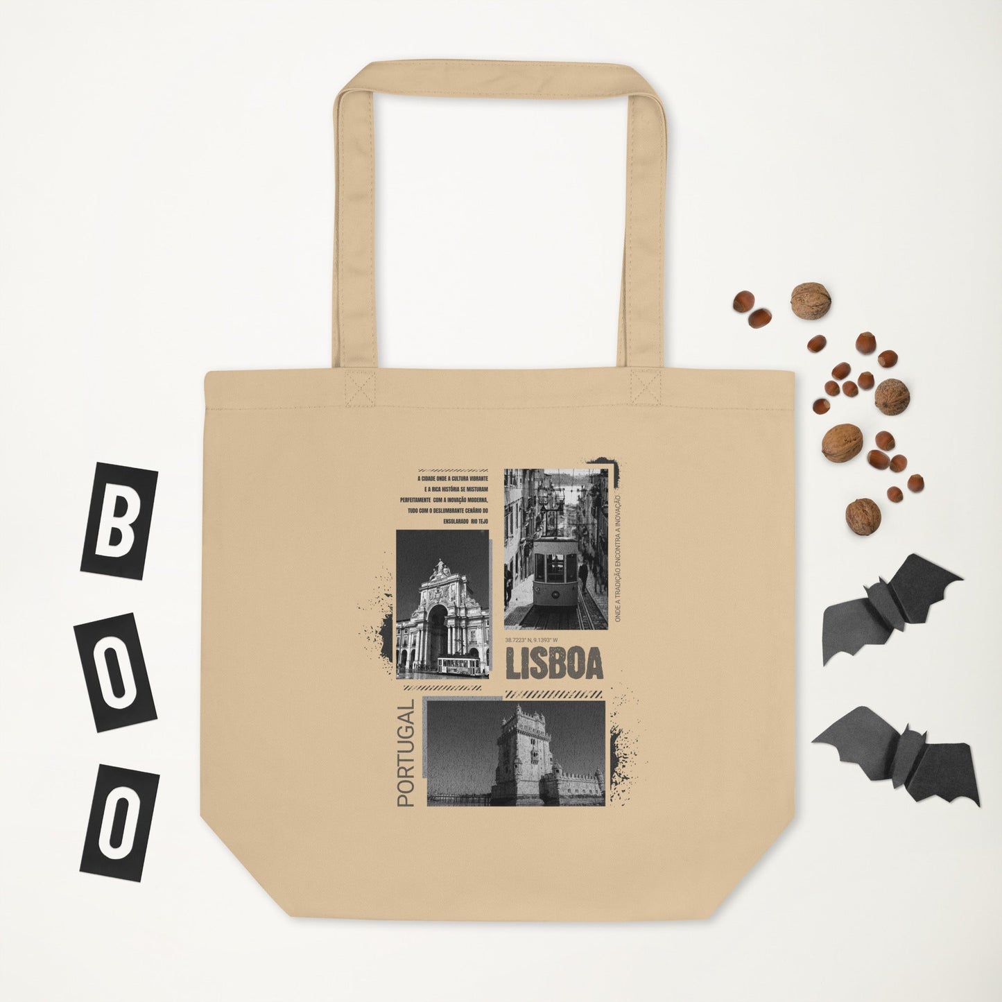 Vintage Lisboa Portugal Eco Tote Bag - Black & White Cityscape Design with Black Text | Reusable Organic Cotton Bag