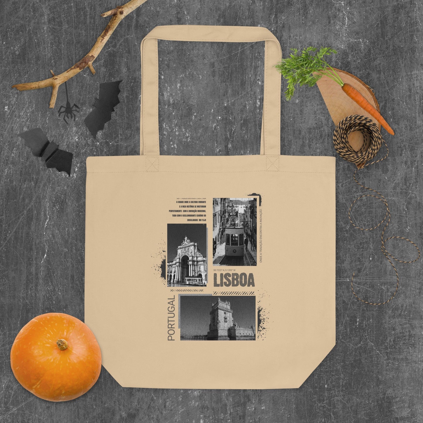 Vintage Lisboa Portugal Eco Tote Bag - Black & White Cityscape Design with Black Text | Reusable Organic Cotton Bag