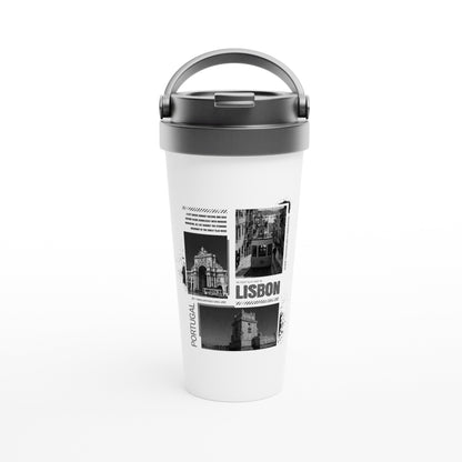 Vintage Lisbon Portugal Travel Mug - 15oz White Stainless Steel | Black & White Cityscape Design | Portuguese Travel Photography