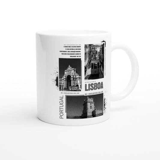 Vintage Lisbon Portugal Ceramic Mug - 11oz White | Black & White Cityscape Design | Portuguese Travel Photography