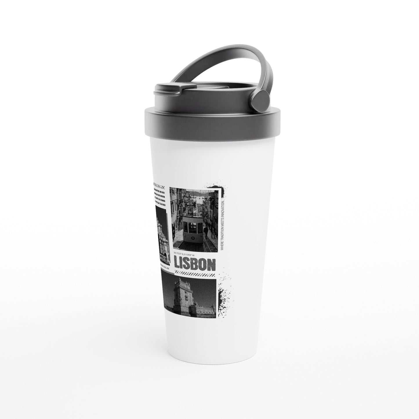 Vintage Lisbon Portugal Travel Mug - 15oz White Stainless Steel | Black & White Cityscape Design | Portuguese Travel Photography