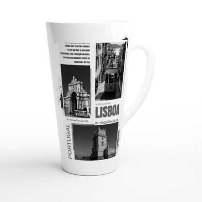 Vintage Lisbon Portugal Latte Mug - 17oz White Ceramic | Black & White Cityscape Design | Portuguese Travel Photography