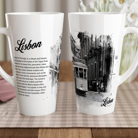 Lisbon Mug _Black & white_Beautiful Mug_Text about Lisbon_Tram_White Latte 17oz Ceramic Mug