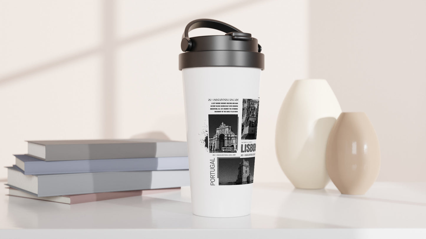 Vintage Lisbon Portugal Travel Mug - 15oz White Stainless Steel | Black & White Cityscape Design | Portuguese Travel Photography